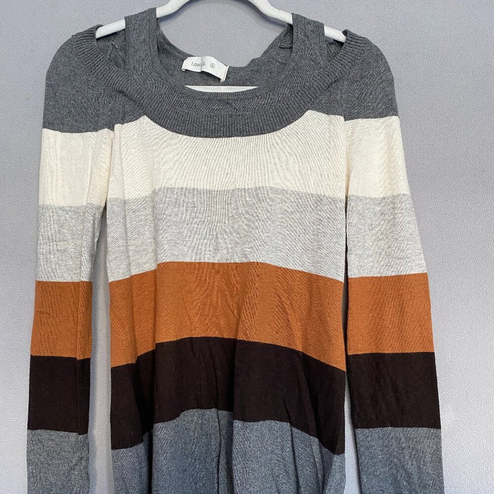 Laurib Colorblock Cold Shoulder Sweater Womens Small Gray Cream Brown Striped